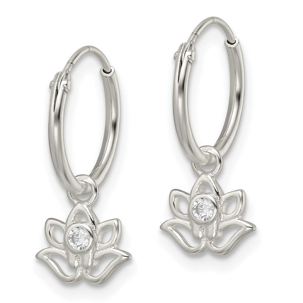Sterling Silver Polished Cz Dangle Lotus Endless Hoop Earrings