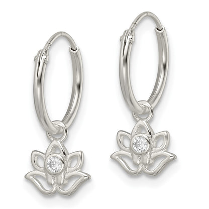 Sterling Silver Polished Cz Dangle Lotus Endless Hoop Earrings