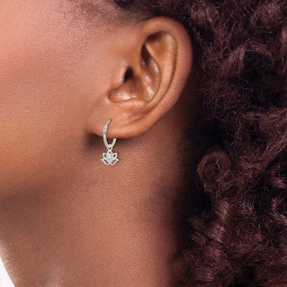 Sterling Silver Polished Cz Dangle Lotus Endless Hoop Earrings