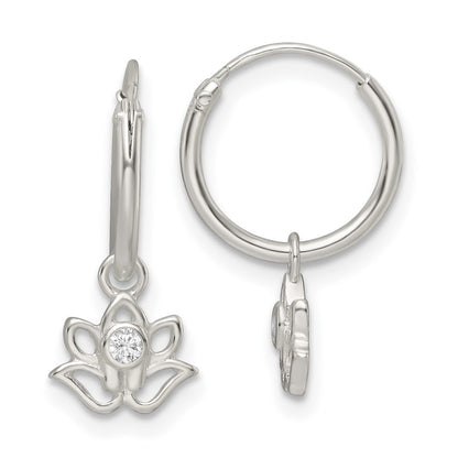 Sterling Silver Polished Cz Dangle Lotus Endless Hoop Earrings