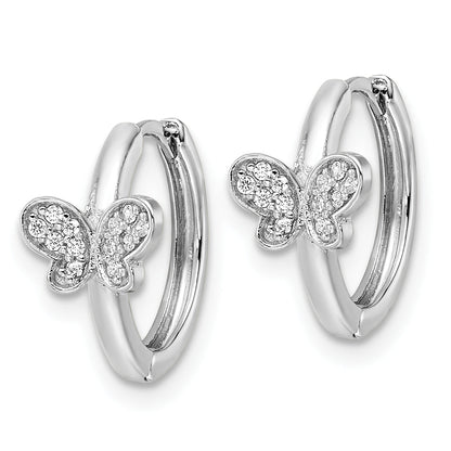 Sterling Silver Rhodium-Plated Polished Cz Hinged Hoop Butterfly Earrings