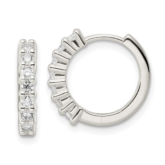 Sterling Silver Polished Cz Hinged Hoop Earrings