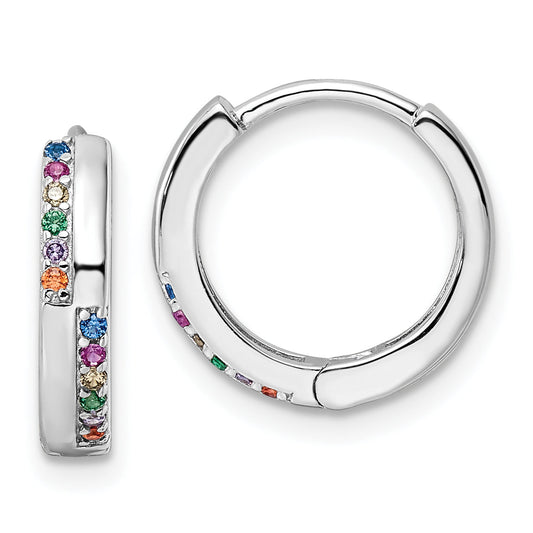 Sterling Silver Rhodium-Plated Multicolor Cz Hinged Hoop Earrings