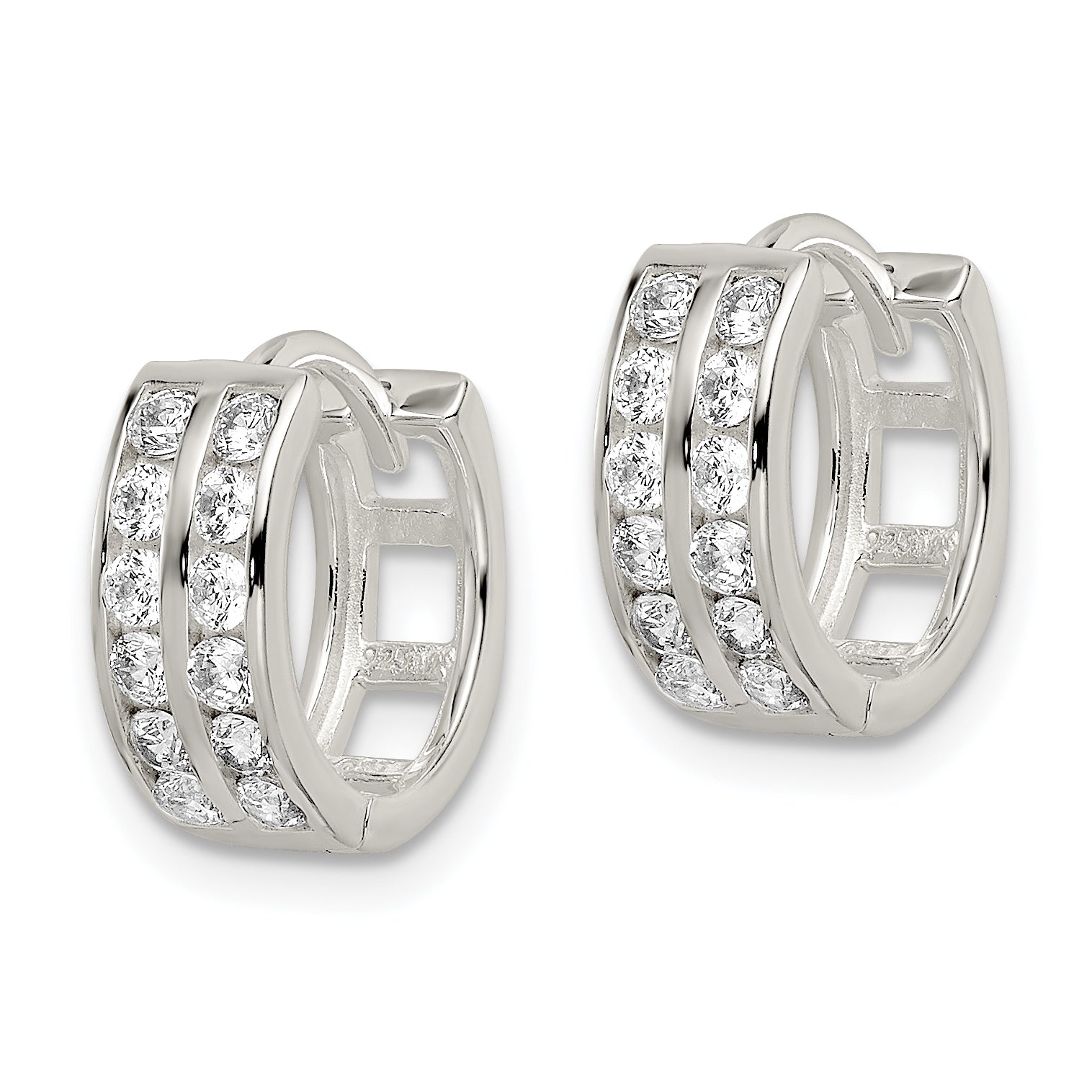 Sterling Silver Polished 2 Row Cz Hinged Hoop Earrings