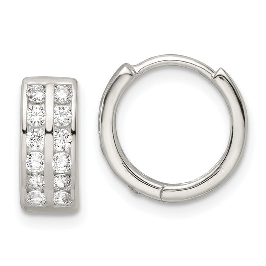 Sterling Silver Polished 2 Row Cz Hinged Hoop Earrings