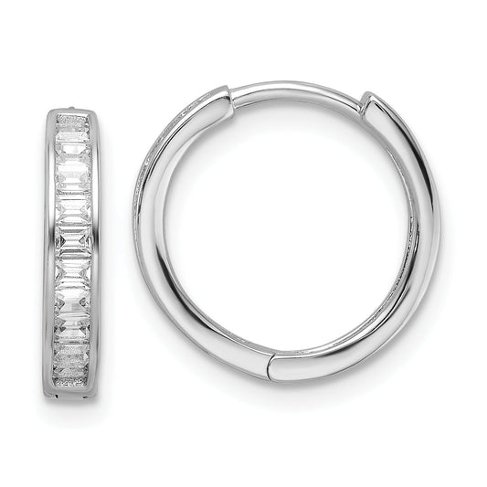 Sterling Silver Polished Rhodium-Plated Cz Hinged Hoop Earrings