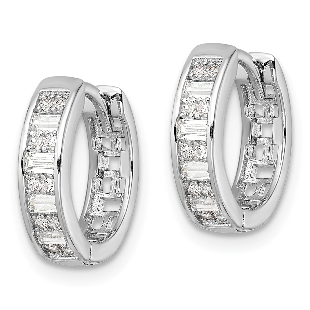 Sterling Silver Polished Rhodium-Plated Cz Hinged Hoop Earrings