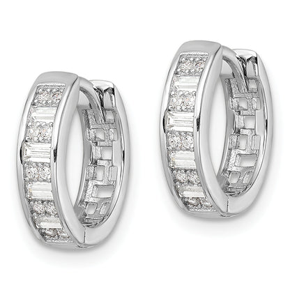 Sterling Silver Polished Rhodium-Plated Cz Hinged Hoop Earrings