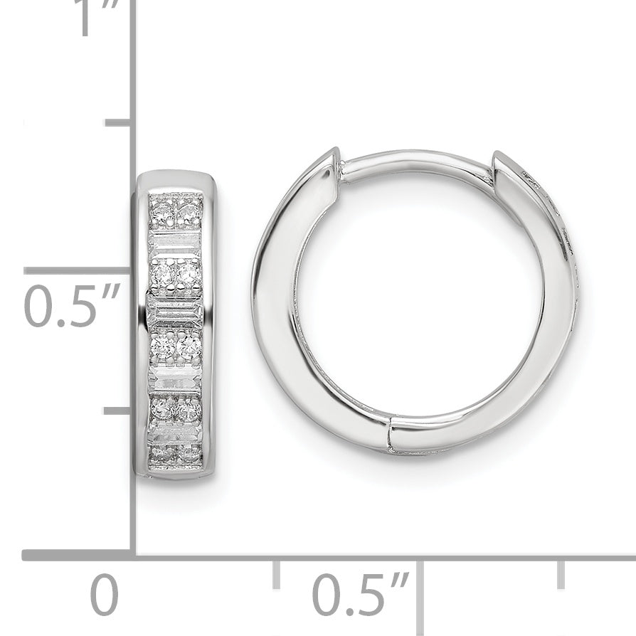 Sterling Silver Polished Rhodium-Plated Cz Hinged Hoop Earrings