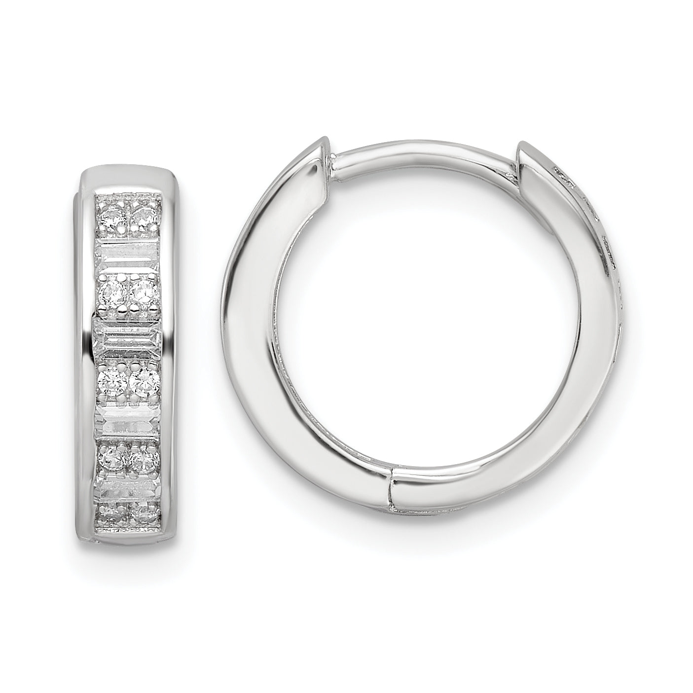 Sterling Silver Polished Rhodium-Plated Cz Hinged Hoop Earrings