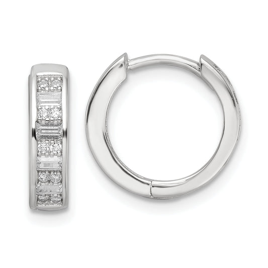 Sterling Silver Polished Rhodium-Plated Cz Hinged Hoop Earrings