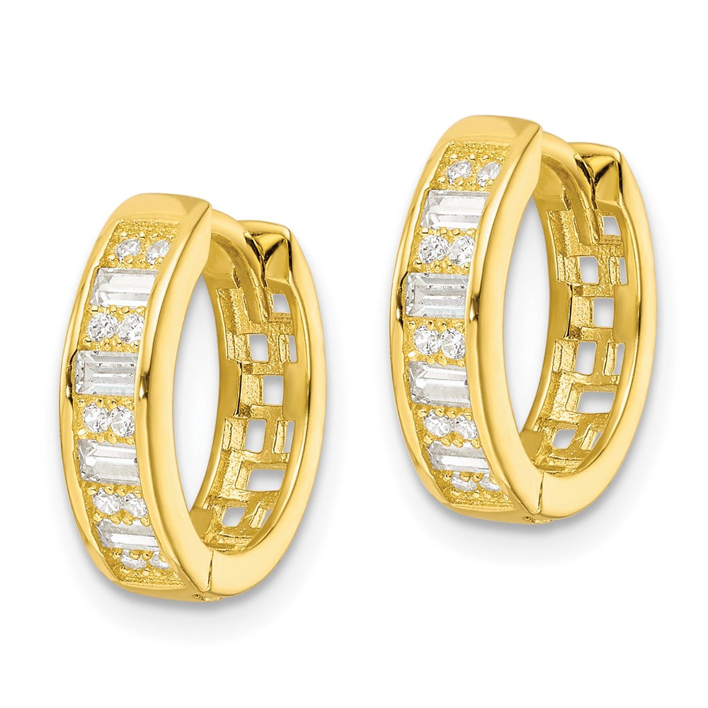 Sterling Silver Polished Gold-Tone Cz Hinged Hoop Earrings
