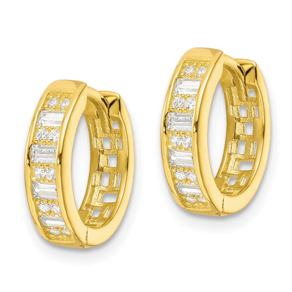 Sterling Silver Polished Gold-Tone Cz Hinged Hoop Earrings