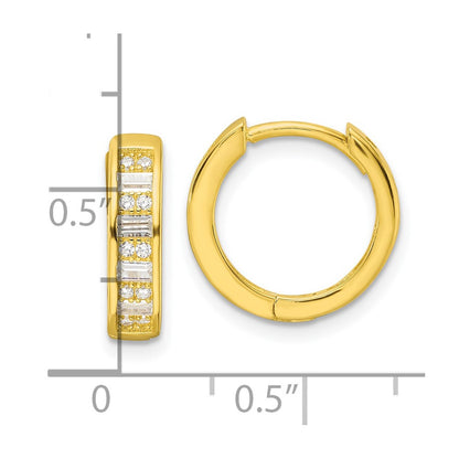 Sterling Silver Polished Gold-Tone Cz Hinged Hoop Earrings