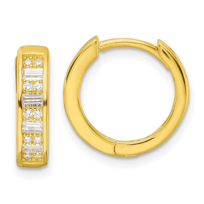 Sterling Silver Polished Gold-Tone Cz Hinged Hoop Earrings