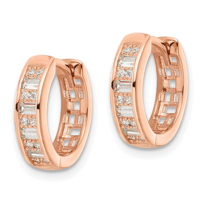 Sterling Silver Polished Rose-Tone Cz Hinged Hoop Earrings