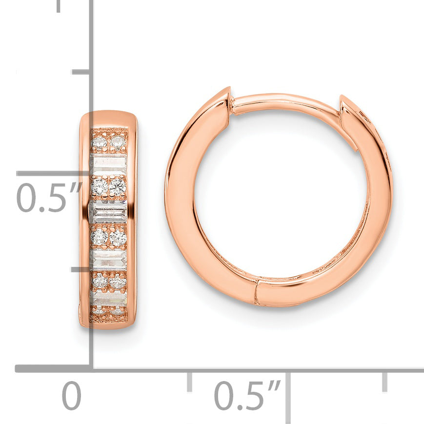 Sterling Silver Polished Rose-Tone Cz Hinged Hoop Earrings