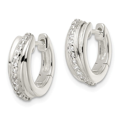 Sterling Silver Polished Cz Hinged Hoop Earrings