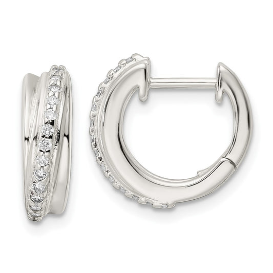 Sterling Silver Polished Cz Hinged Hoop Earrings