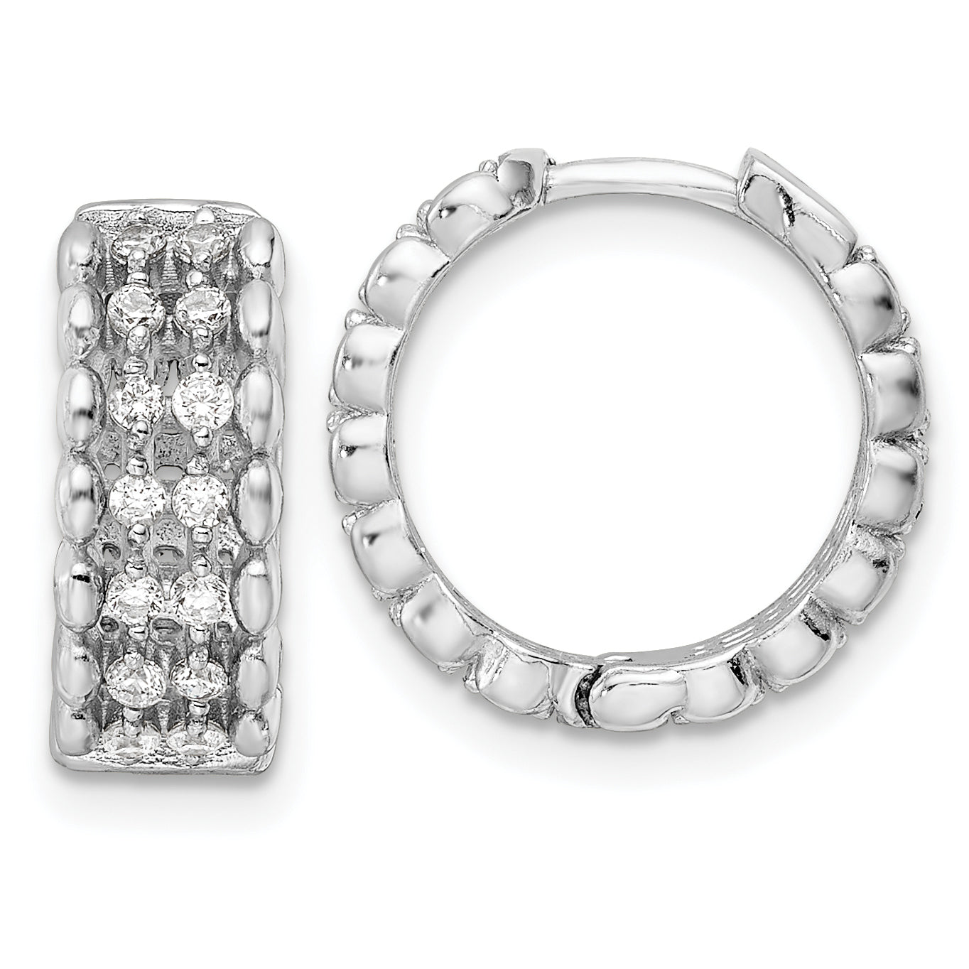 Sterling Silver Rhodium-Plated Polished Cz Hinged Hoop Earrings