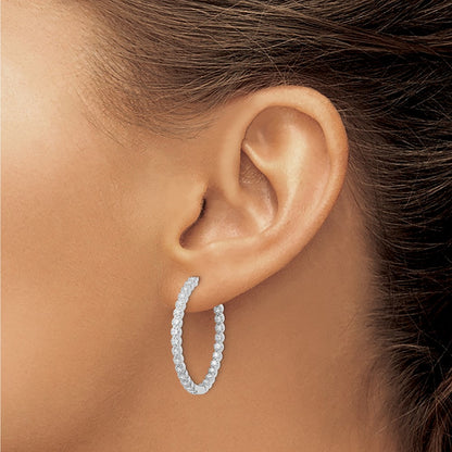 Sterling Silver Polished Rhodium-Plated In & Out Cz Hinged Hoop Earrings