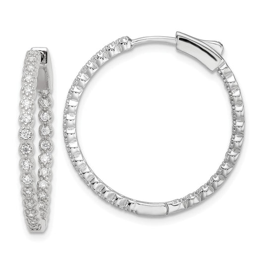 Sterling Silver Polished Rhodium-Plated In & Out Cz Hinged Hoop Earrings