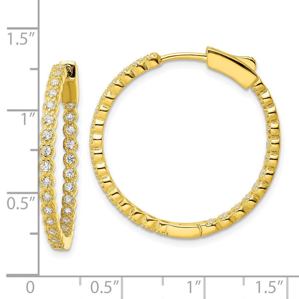 Sterling Silver Polished Gold-Tone In & Out Cz Hinged Hoop Earrings