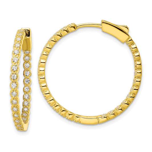 Sterling Silver Polished Gold-Tone In & Out Cz Hinged Hoop Earrings
