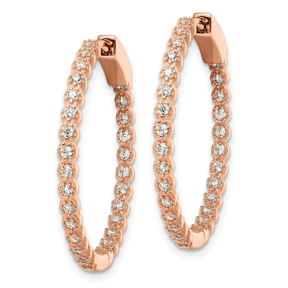 Sterling Silver Polished Rose-Tone In & Out Cz Hinged Hoop Earrings