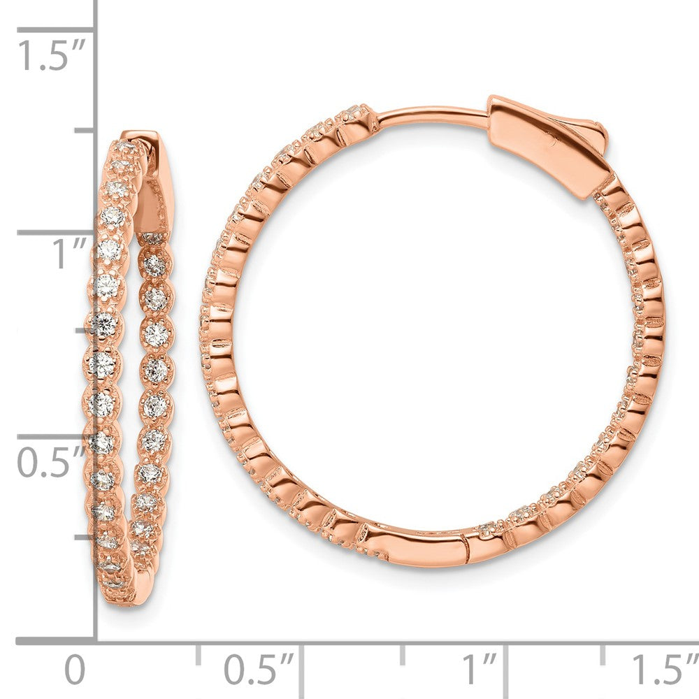Sterling Silver Polished Rose-Tone In & Out Cz Hinged Hoop Earrings