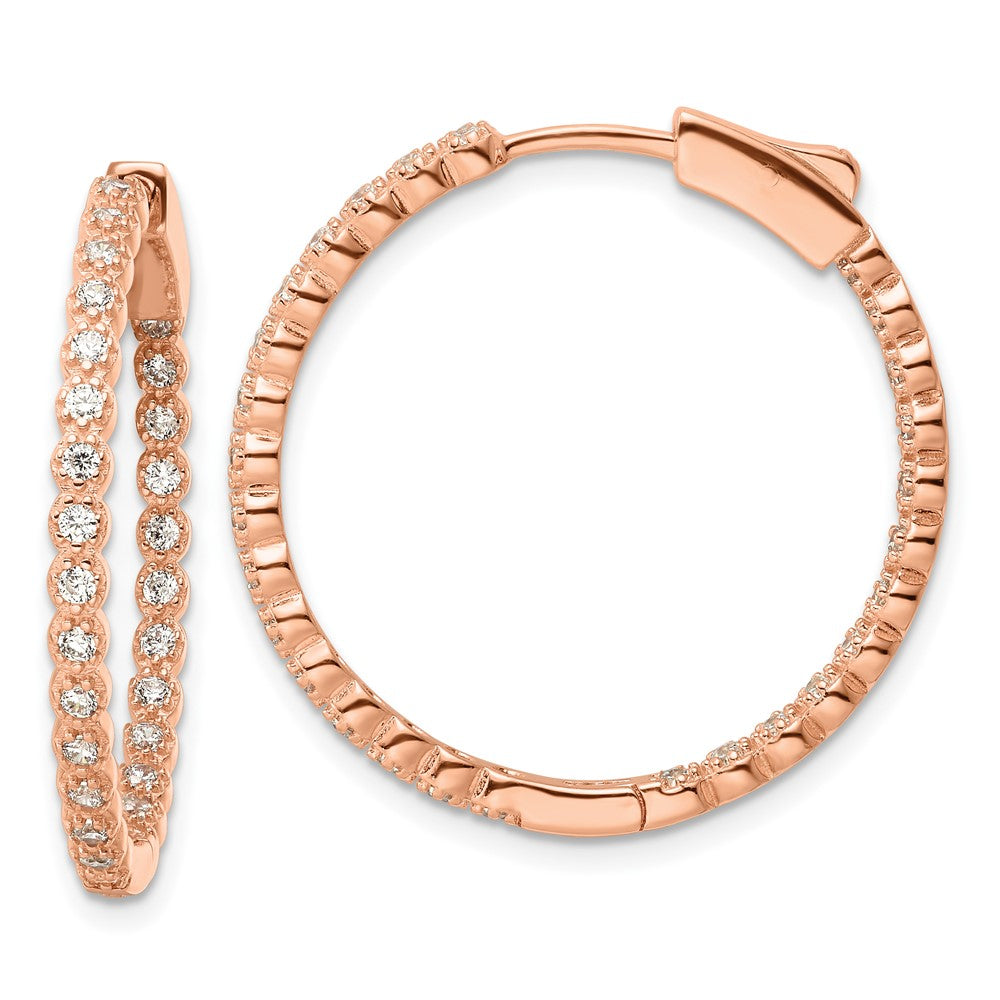 Sterling Silver Polished Rose-Tone In & Out Cz Hinged Hoop Earrings