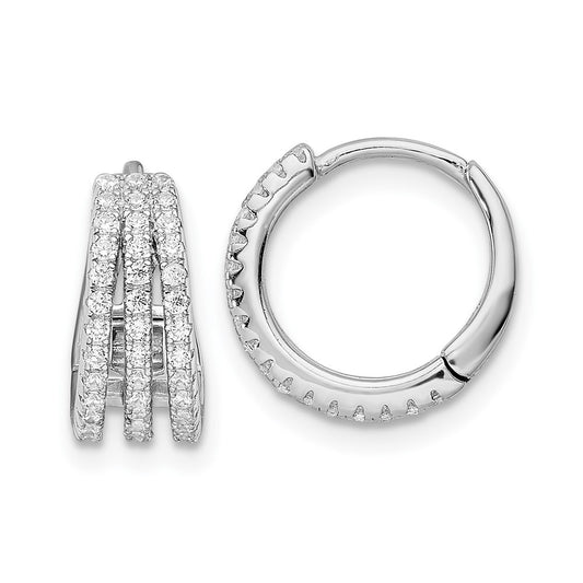 Sterling Silver Rhodium-Plated Polished Triple Row Cz Hinged Hoop Earrings
