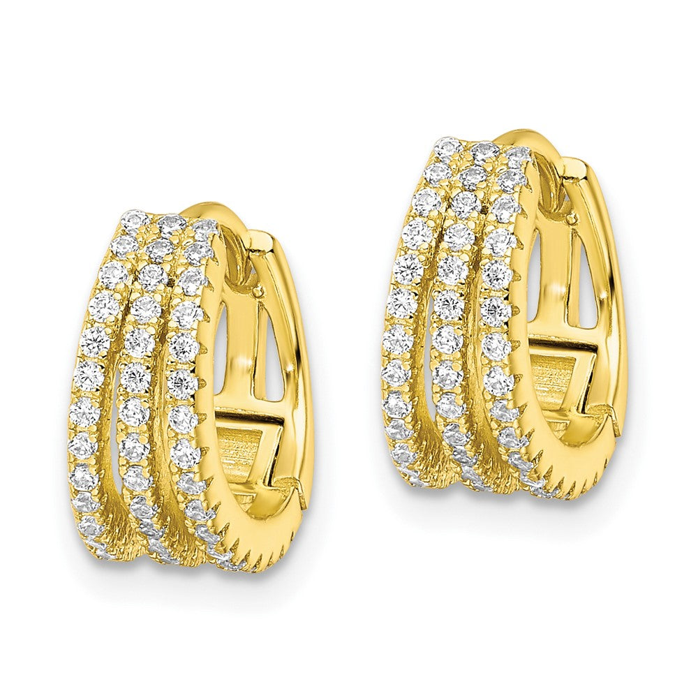 Sterling Silver Gold-Tone Polished Triple Row Cz Hinged Hoop Earrings