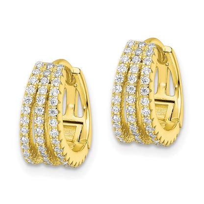 Sterling Silver Gold-Tone Polished Triple Row Cz Hinged Hoop Earrings