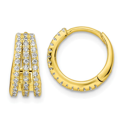 Sterling Silver Gold-Tone Polished Triple Row Cz Hinged Hoop Earrings