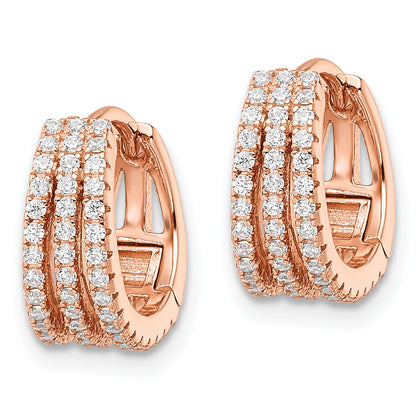 Sterling Silver Rose-Tone Polished Triple Row Cz Hinged Hoop Earrings