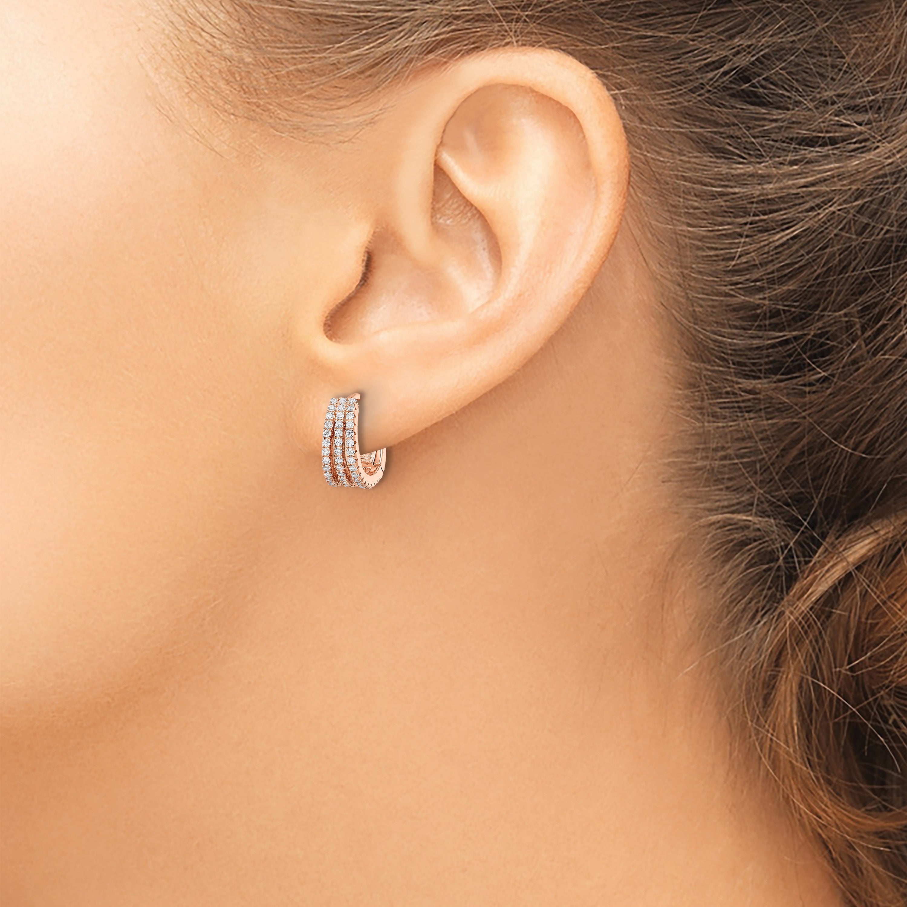 Sterling Silver Rose-Tone Polished Triple Row Cz Hinged Hoop Earrings