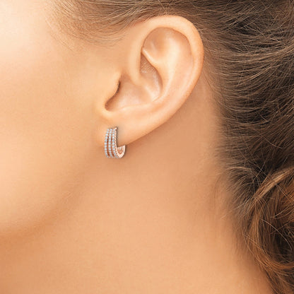 Sterling Silver Rose-Tone Polished Triple Row Cz Hinged Hoop Earrings