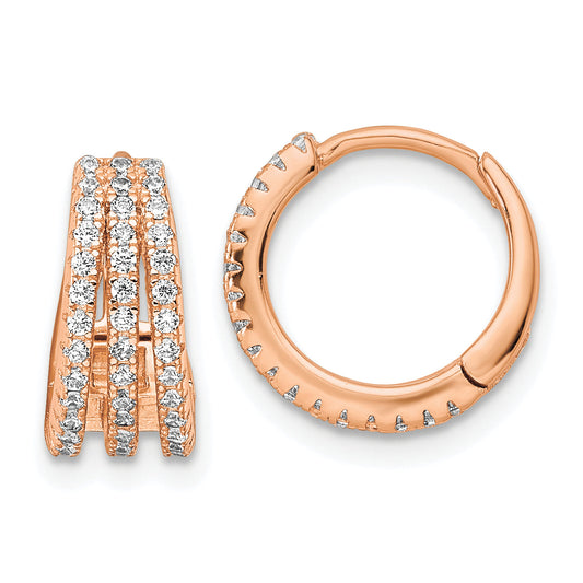 Sterling Silver Rose-Tone Polished Triple Row Cz Hinged Hoop Earrings