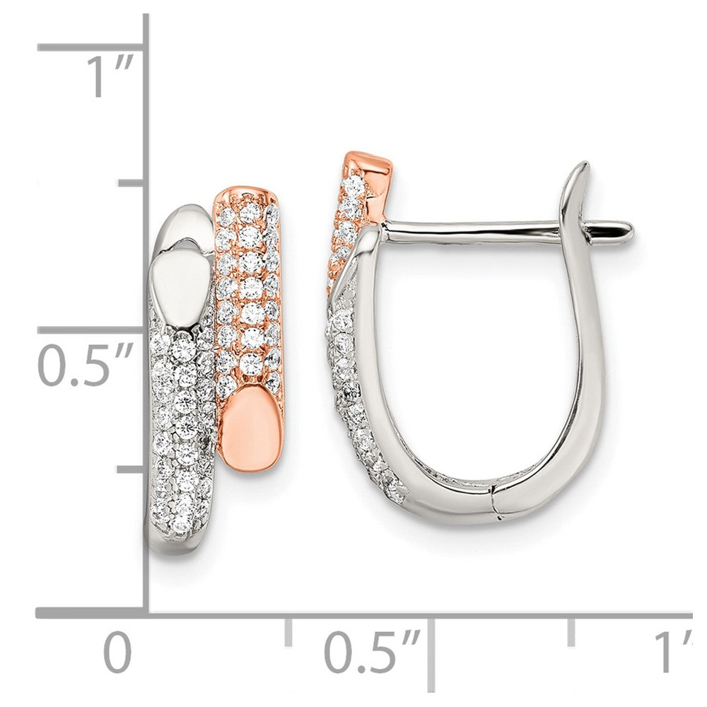 Sterling Silver Rose-Tone Polished Pave Cz Hinged Hoop Earrings