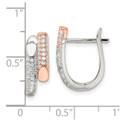 Sterling Silver Rose-Tone Polished Pave Cz Hinged Hoop Earrings