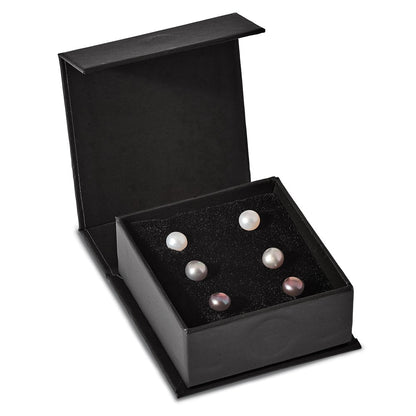 Sterling Silver Rh-Pl 6-7mm Set Of 3 Wt/Bk/Grey Button Fwc Pearl Earrings
