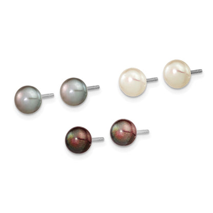 Sterling Silver Rh-Pl 6-7mm Set Of 3 Wt/Bk/Grey Button Fwc Pearl Earrings