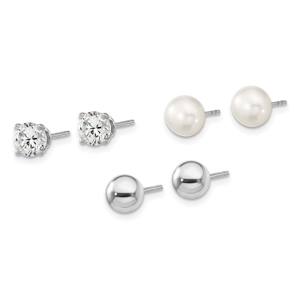 Sterling Silver Rh-Pl Ball/ 6-7mm Button Fwc Pearl/Cz Stud Ear Set