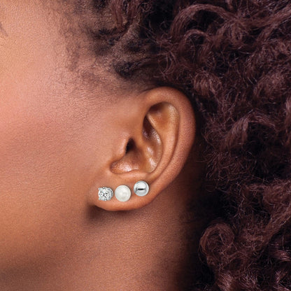 Sterling Silver Rh-Pl Ball/ 6-7mm Button Fwc Pearl/Cz Stud Ear Set