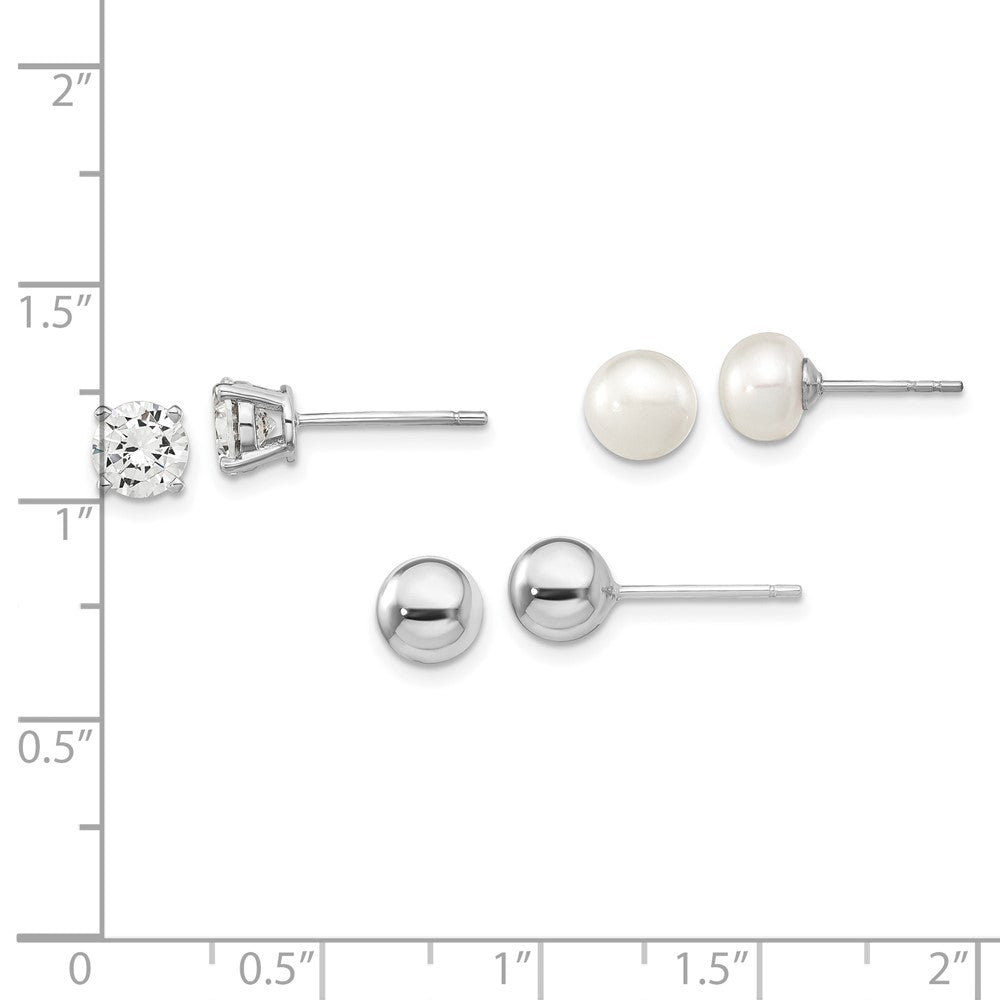 Sterling Silver Rh-Pl Ball/ 6-7mm Button Fwc Pearl/Cz Stud Ear Set