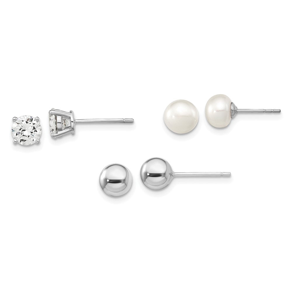 Sterling Silver Rh-Pl Ball/ 6-7mm Button Fwc Pearl/Cz Stud Ear Set