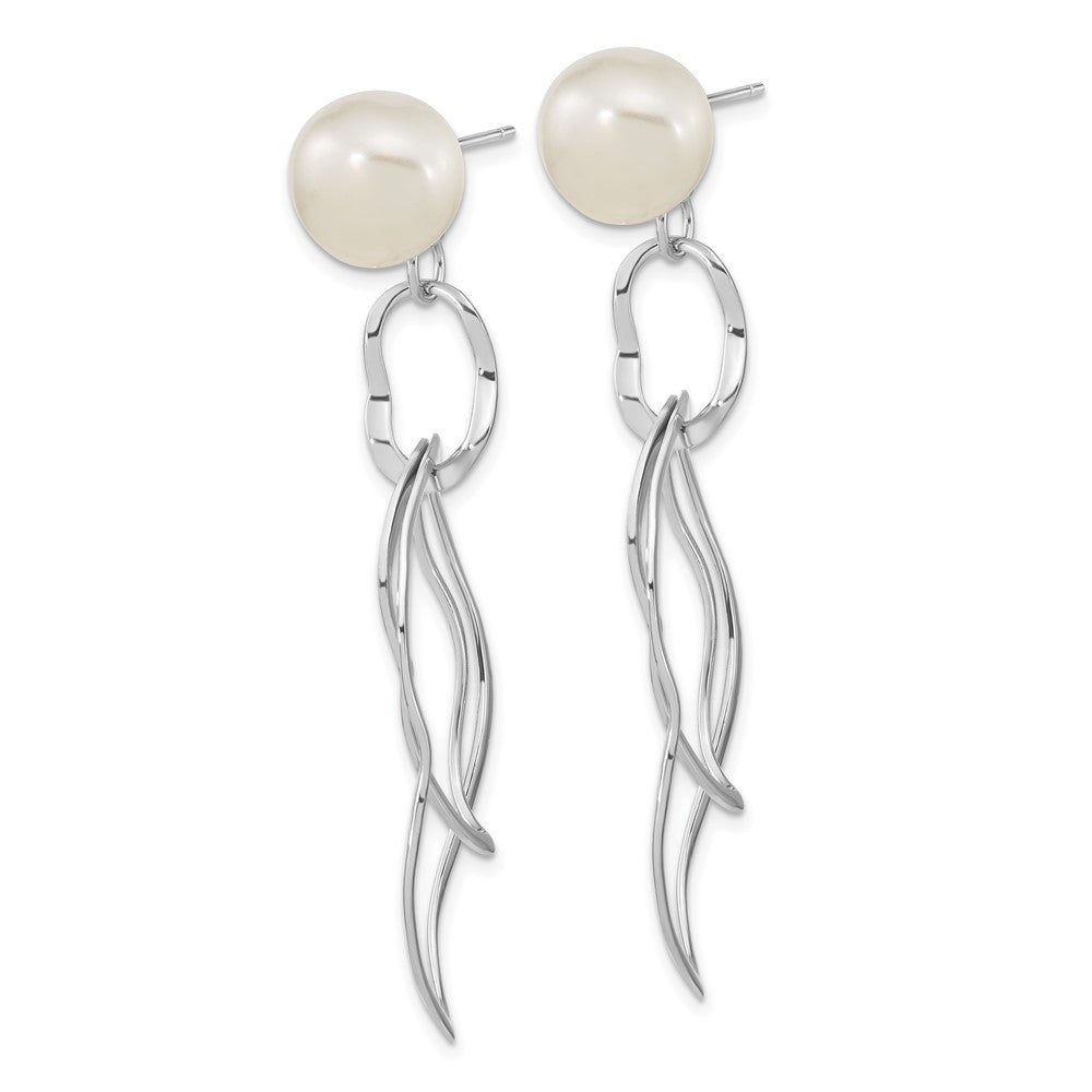 Sterling Silver Rhod-Plated 10-11mm White Baroque Fwc Pearl Dangle Earrings