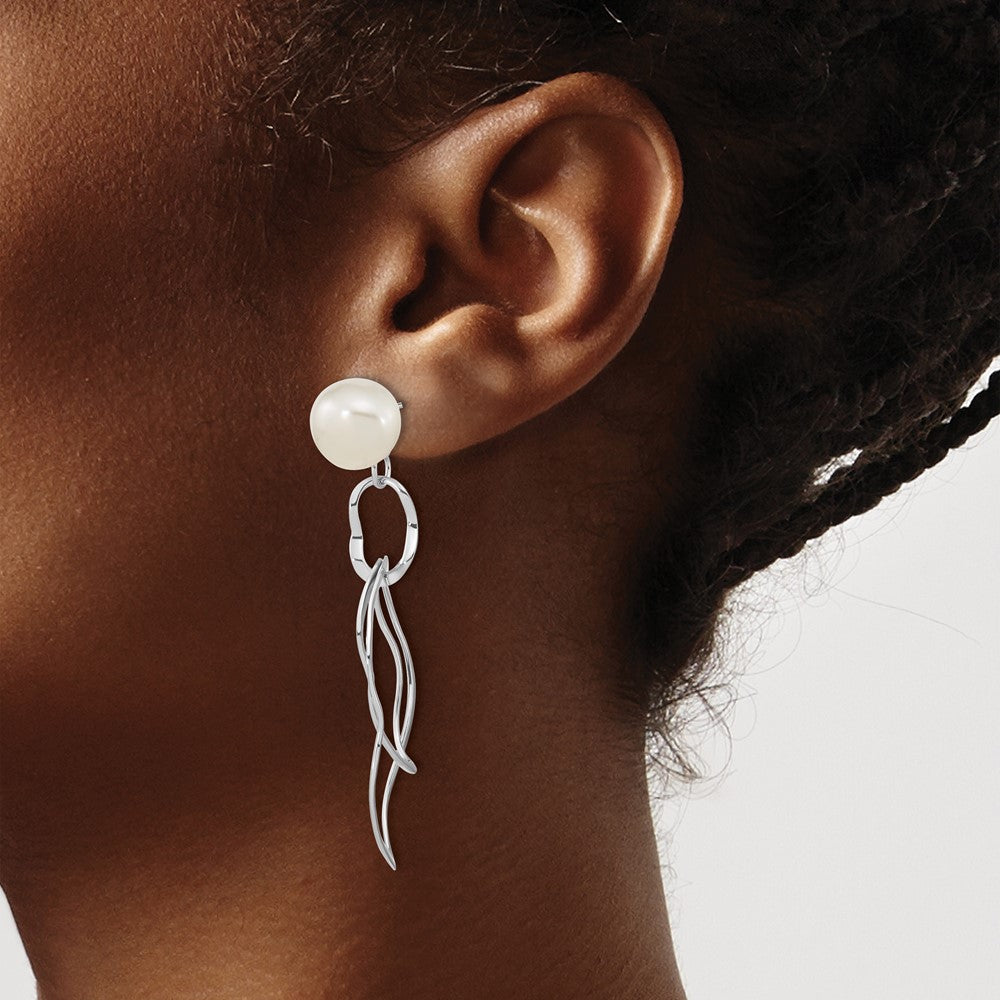Sterling Silver Rhod-Plated 10-11mm White Baroque Fwc Pearl Dangle Earrings