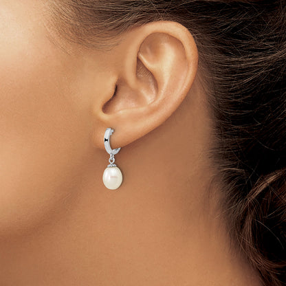 Sterling Silver Rhodium-Plated 8-9mm White Teardrop Fwc Pearl Earrings
